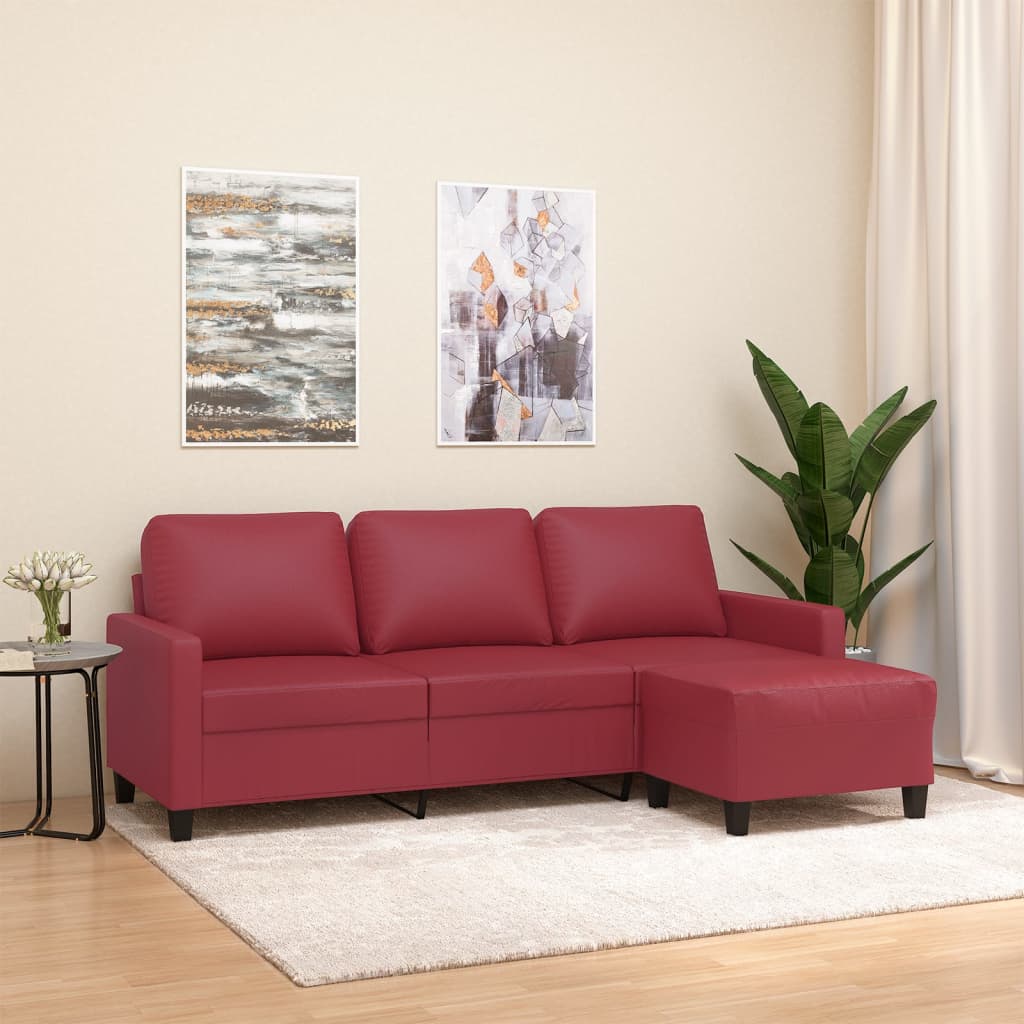 Canapea cu 3 locuri și taburet, roșu vin 180 cm piele ecologică