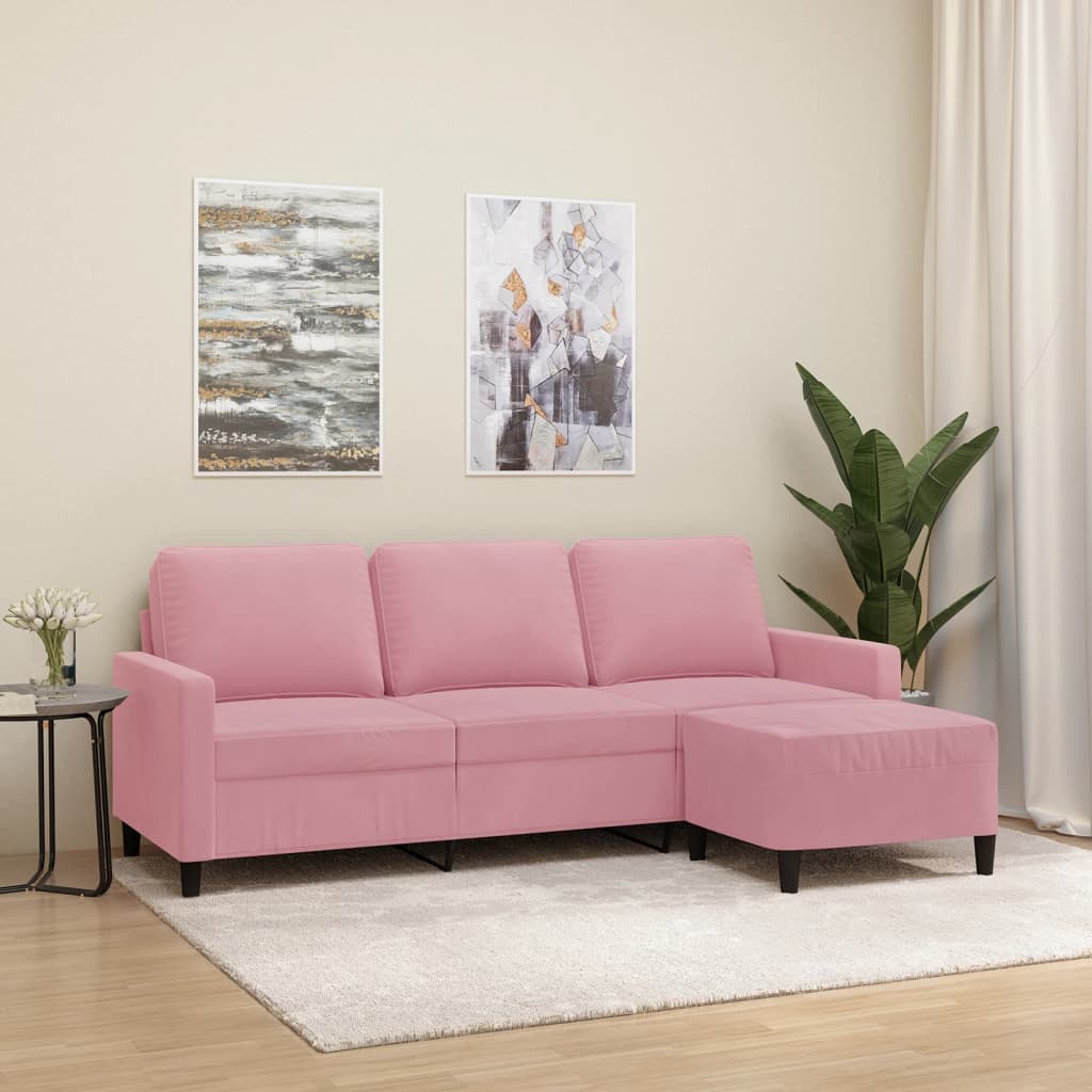 Canapea cu 3 locuri și taburet, roz, 180 cm, catifea
