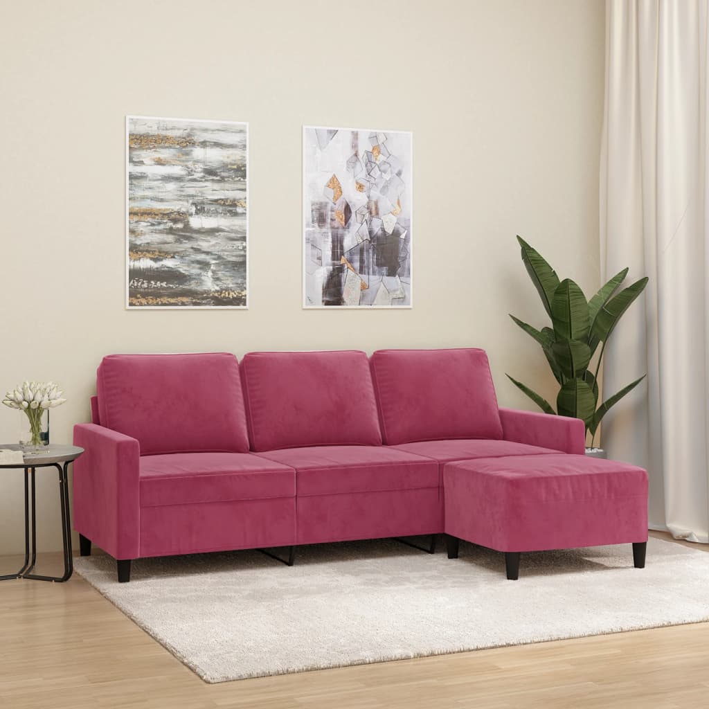 Canapea cu 3 locuri și taburet, roșu vin, 180 cm, catifea