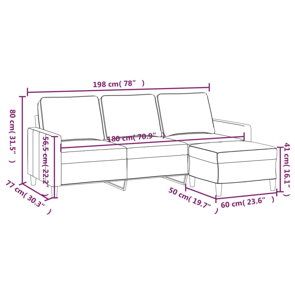 Canapea cu 3 locuri și taburet, negru, 180 cm, catifea
