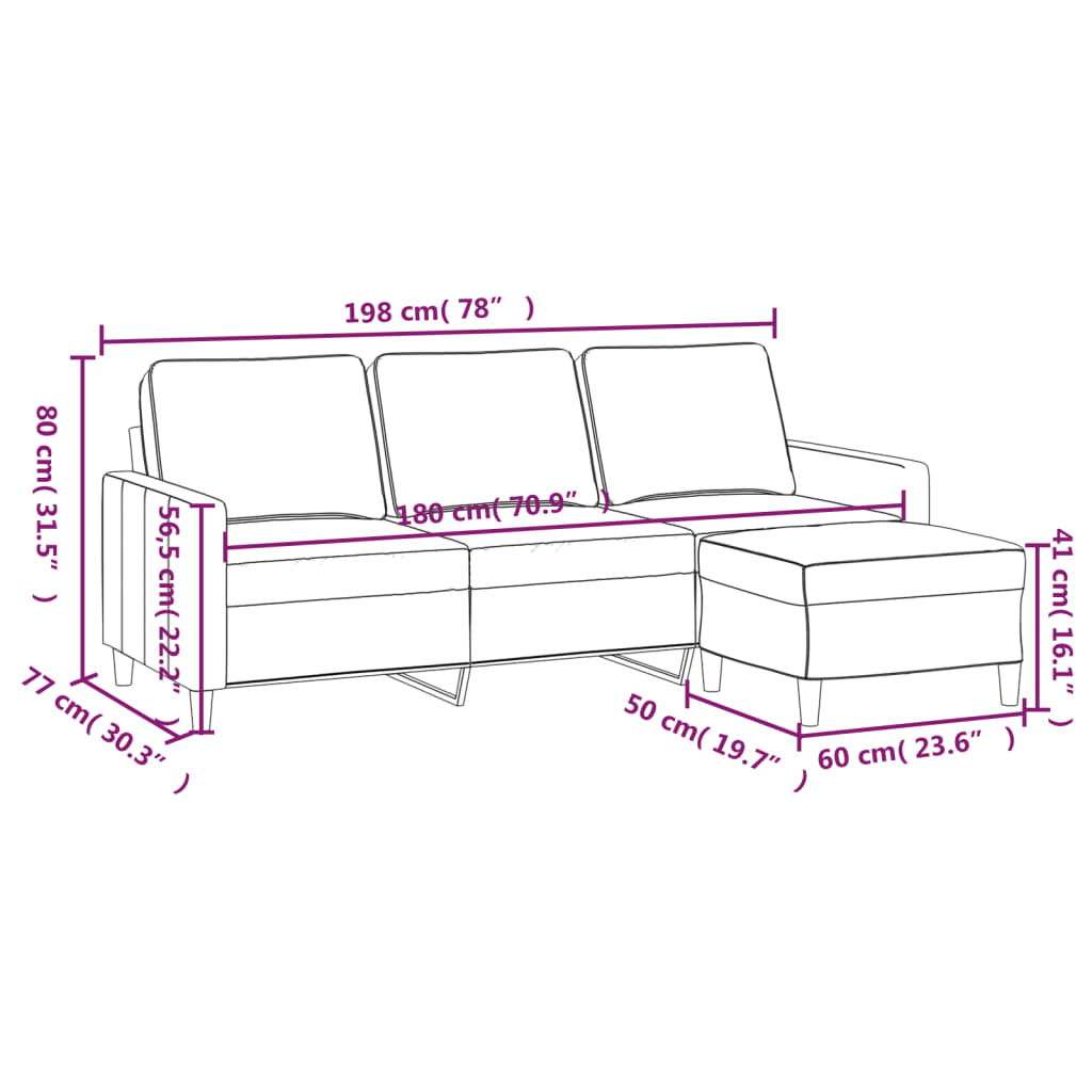 Canapea cu 3 locuri și taburet, crem, 180 cm, catifea