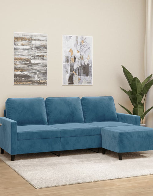 Încărcați imaginea în vizualizatorul Galerie, Canapea cu 3 locuri și taburet, albastru, 180 cm, catifea
