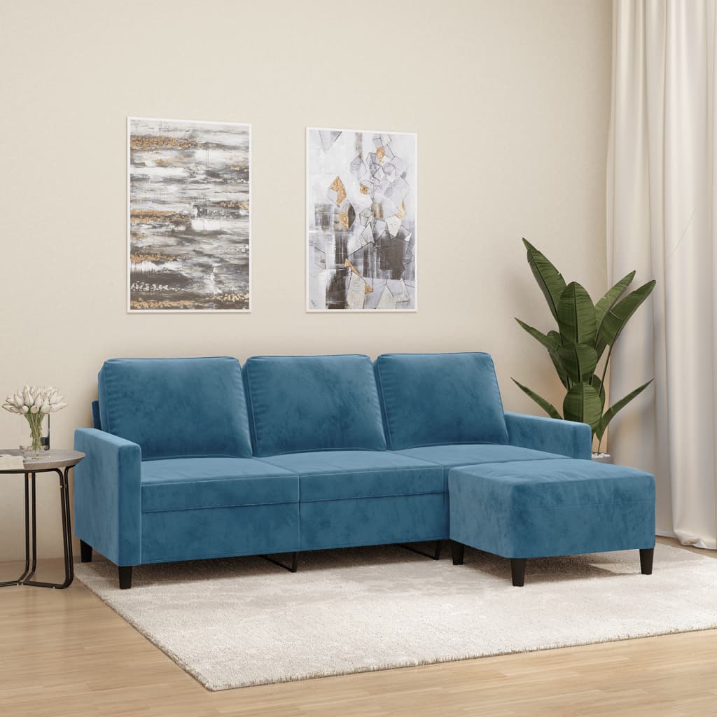 Canapea cu 3 locuri și taburet, albastru, 180 cm, catifea
