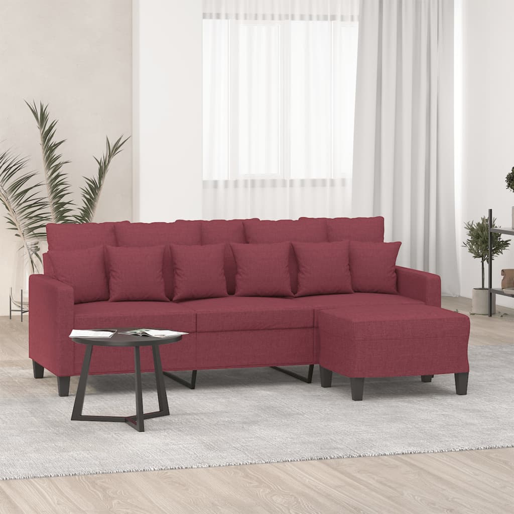 Canapea cu 3 locuri și taburet, roșu vin, 180 cm, textil