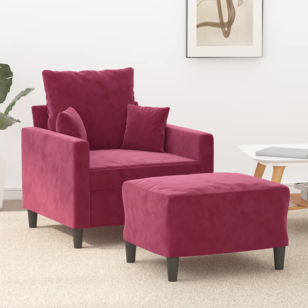 Fotoliu canapea cu taburet, roșu vin, 60 cm, catifea