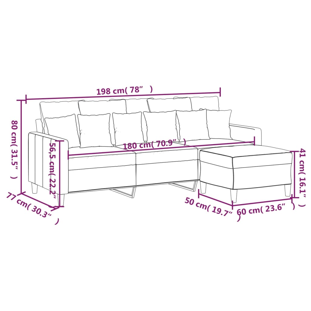 Canapea cu 3 locuri și taburet, gri deschis, 180 cm, catifea