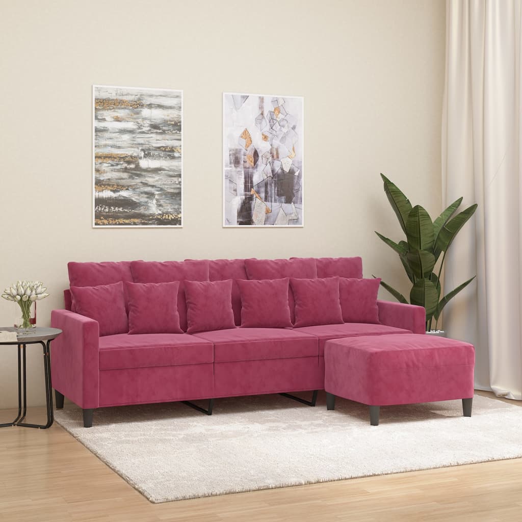 Canapea cu 3 locuri și taburet, roșu vin, 180 cm, catifea