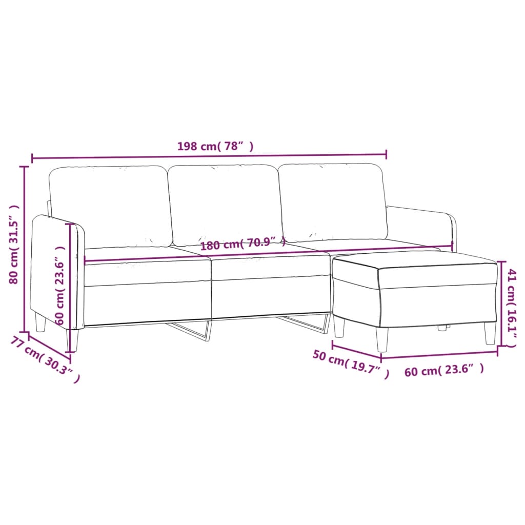 Canapea cu 3 locuri și taburet, gri închis, 180 cm, catifea