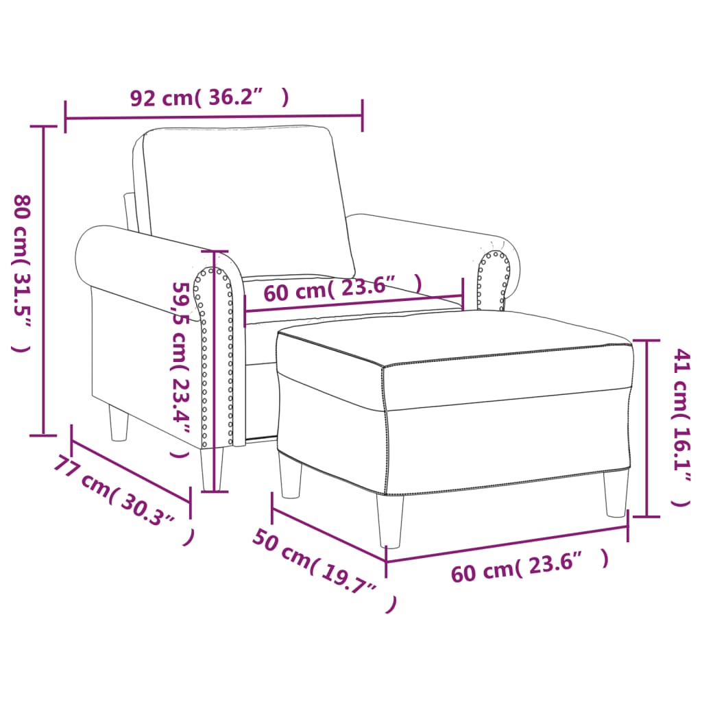 Fotoliu canapea cu taburet, crem, 60 cm, piele ecologică