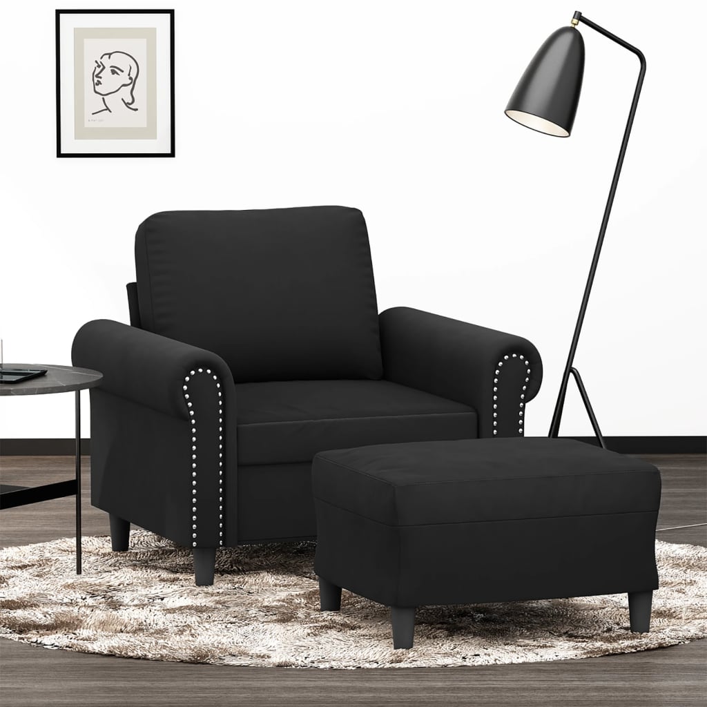 Fotoliu canapea cu taburet, negru, 60 cm, catifea