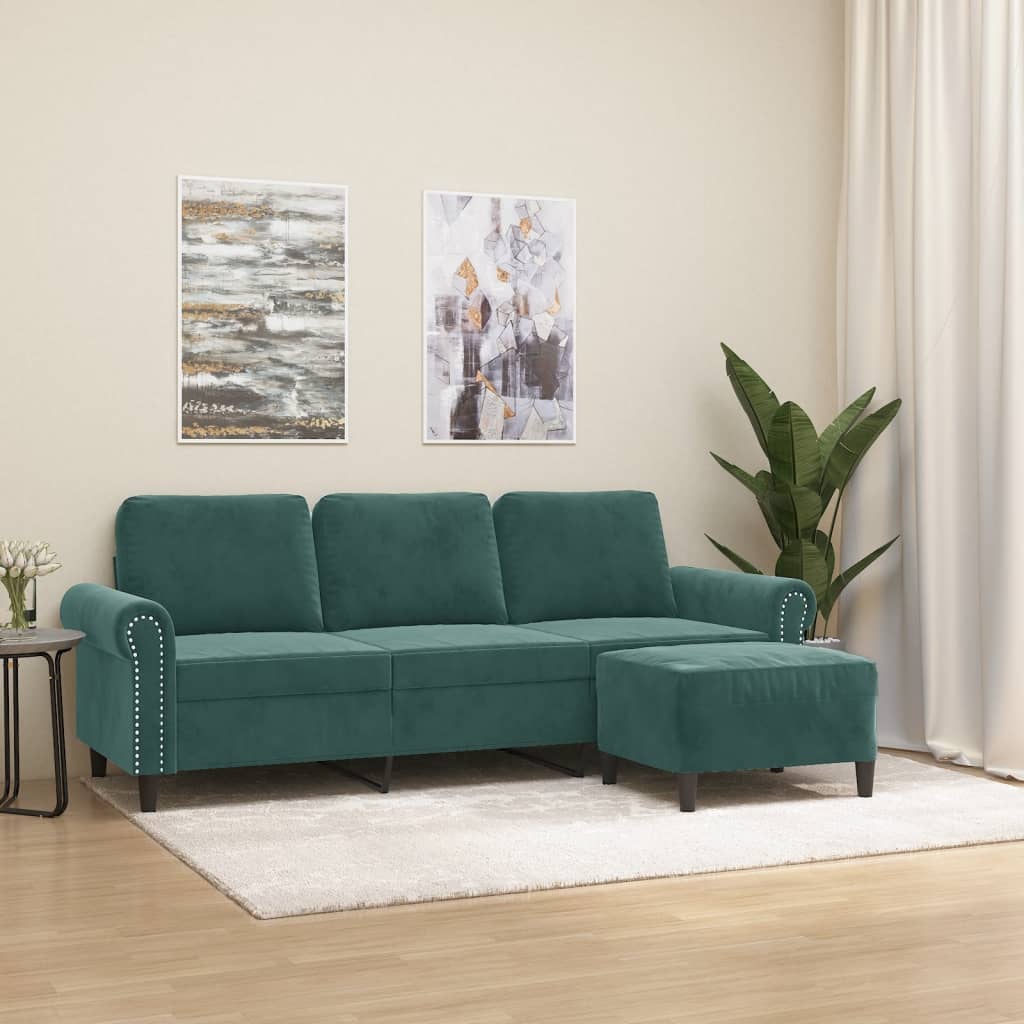 Canapea cu 3 locuri și taburet, verde închis, 180 cm, catifea