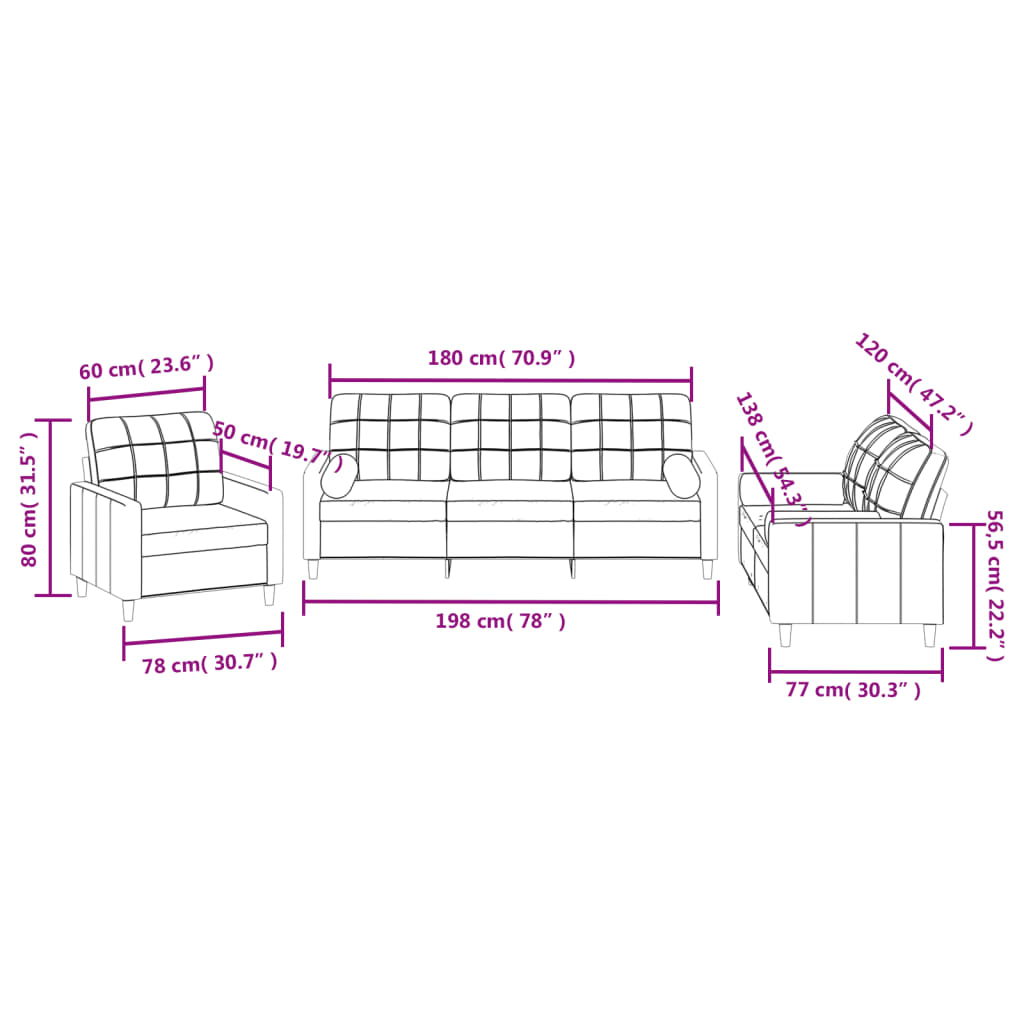 Set de canapele cu perne, 3 piese, gri închis, textil