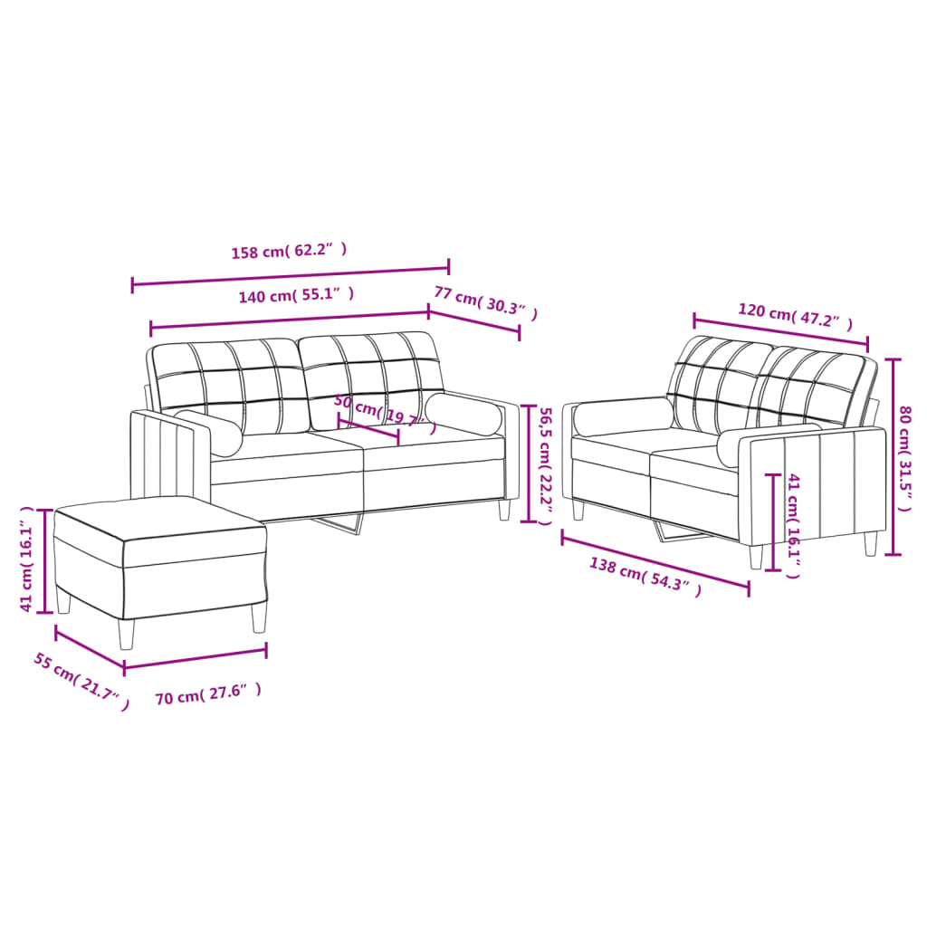 Set de canapele cu perne, 3 piese, gri deschis, textil