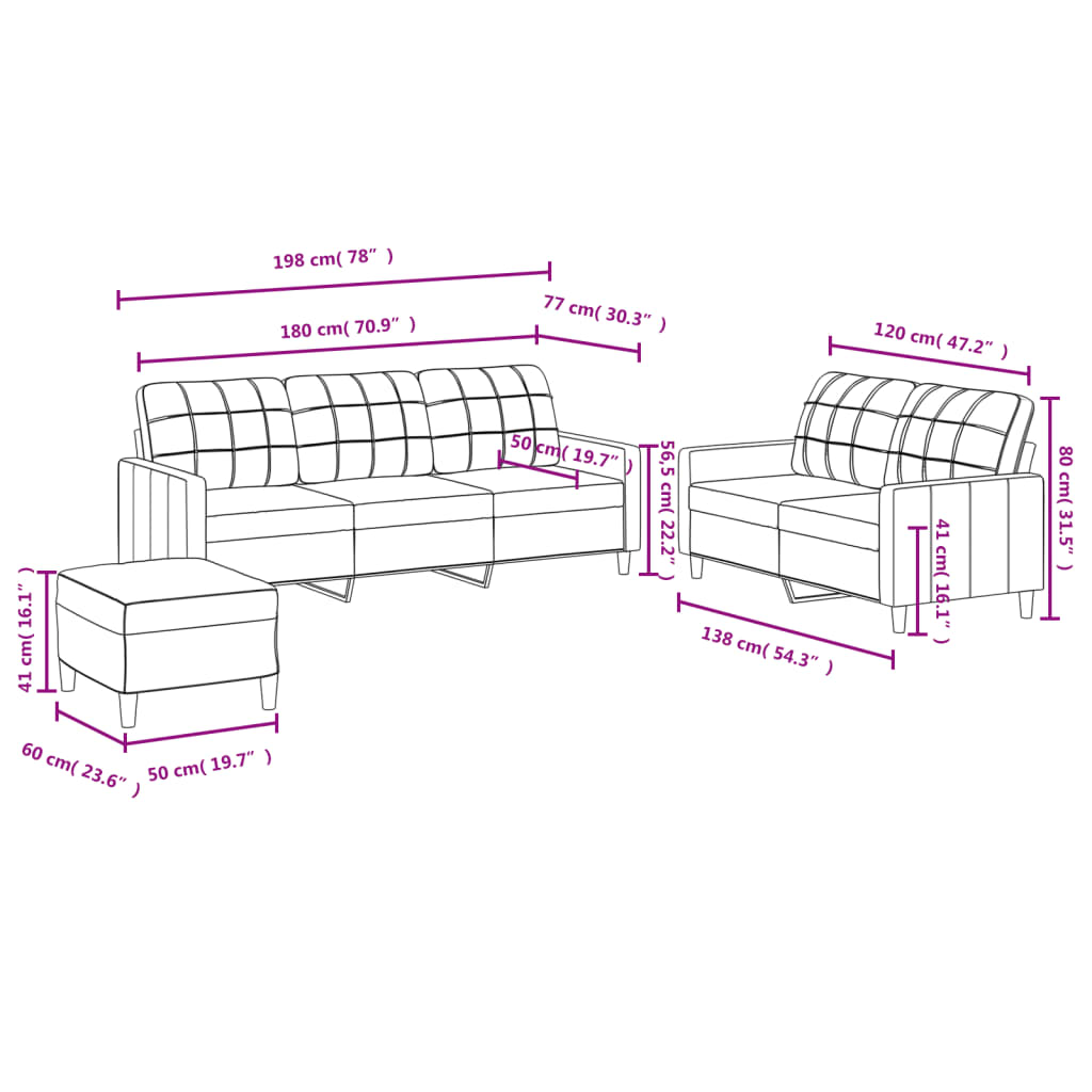 Set de canapele cu perne, 3 piese, gri deschis, textil