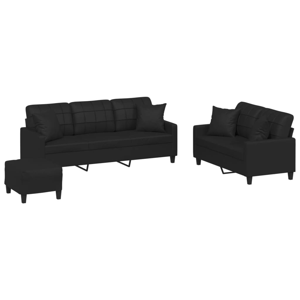 Set de canapele cu perne, 3 piese, negru, piele ecologică