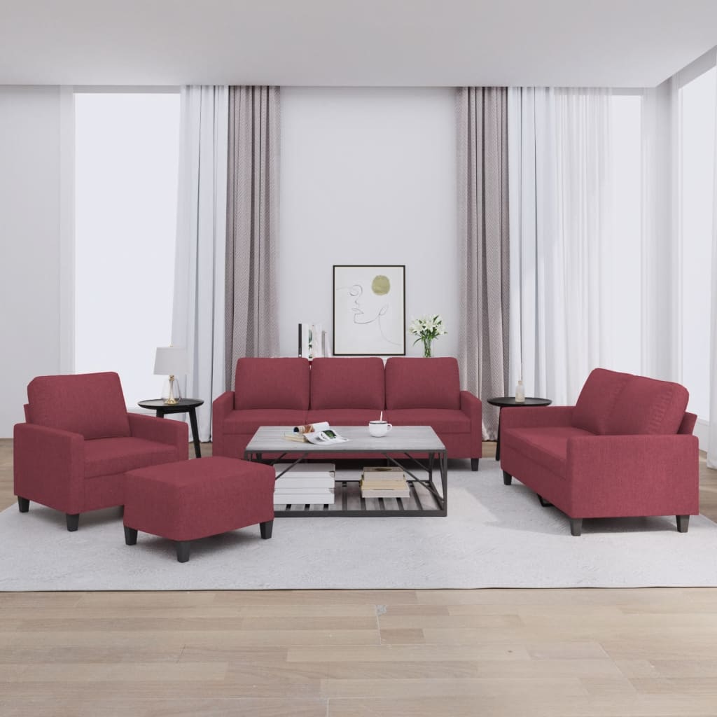 Set canapea cu perne, 4 piese, roșu vin, material textil