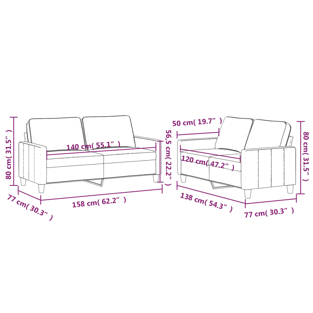 Set de canapele cu perne, 2 piese, gri deschis, catifea