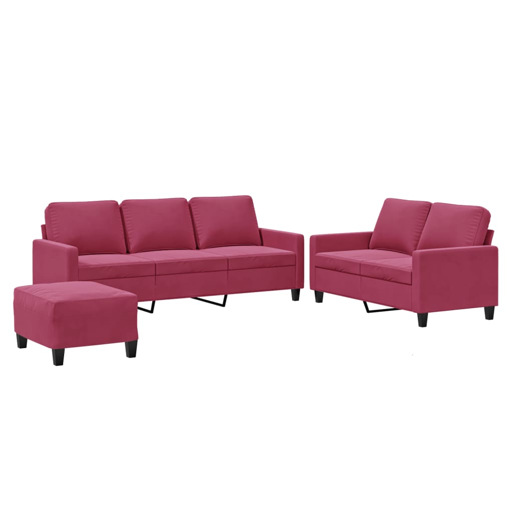 Set canapea cu perne, 3 piese, roșu vin, catifea