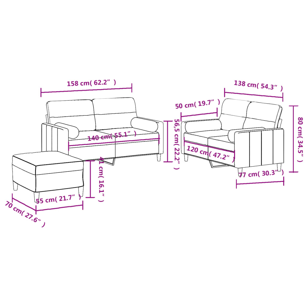 Set de canapele cu perne, 3 piese, gri închis, textil