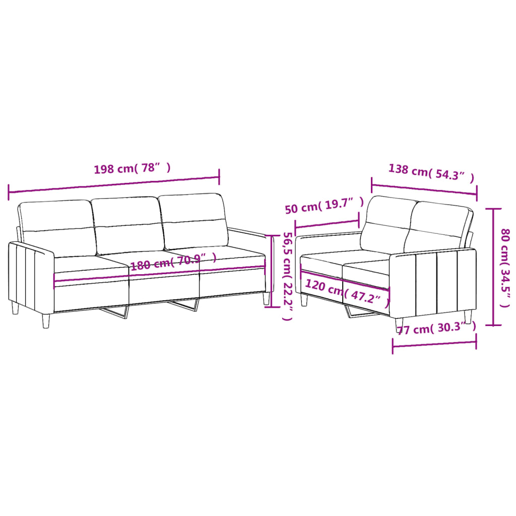 Set de canapele cu perne, 2 piese, crem, textil