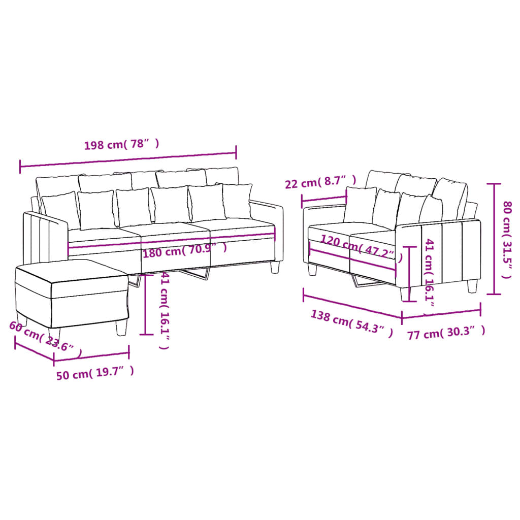 Set de canapea cu perne, 3 piese, gri taupe, material textil