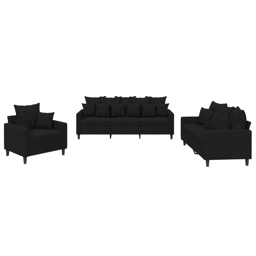 Set de canapele cu perne, 3 piese, negru, catifea