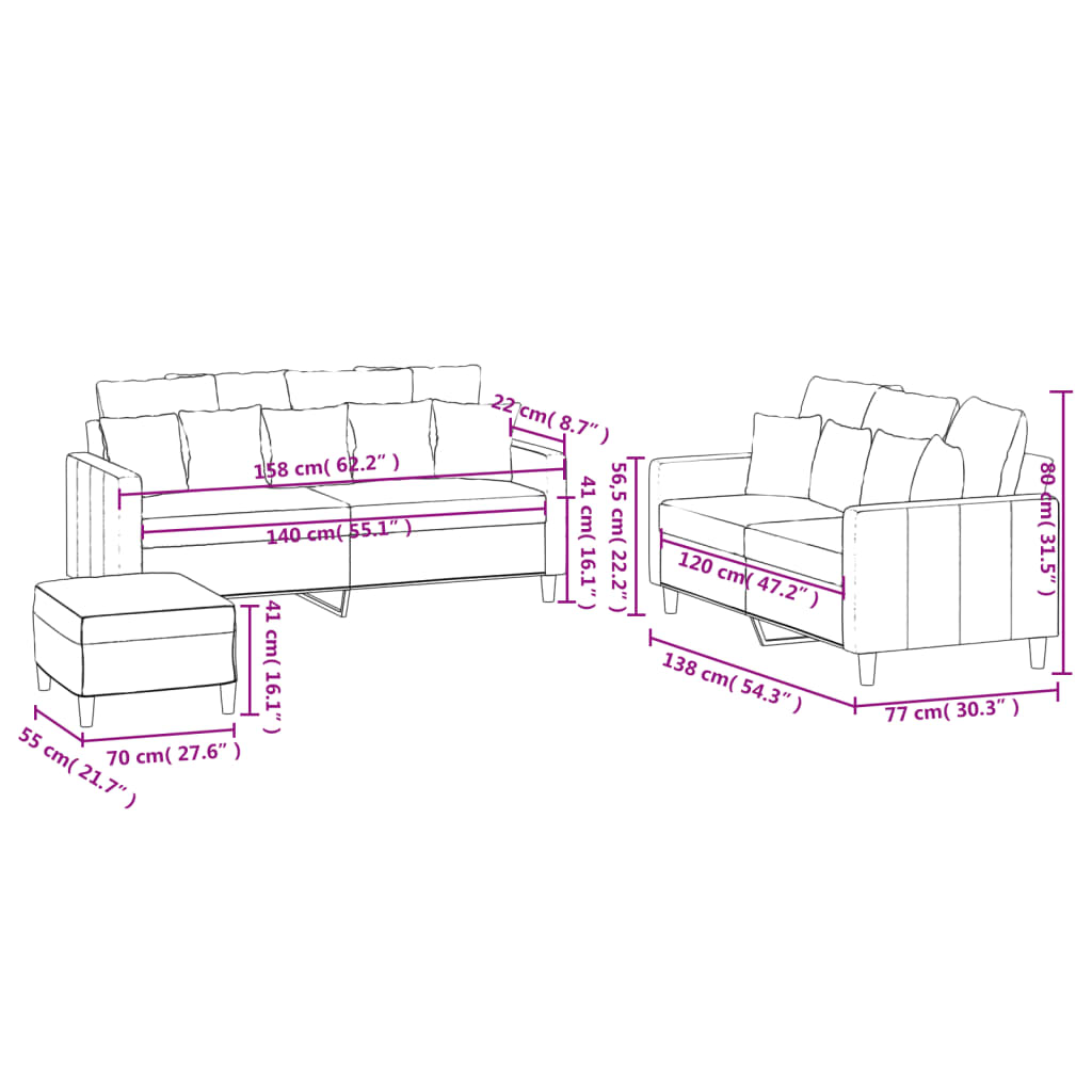 Set de canapele cu perne, 3 piese, albastru, catifea