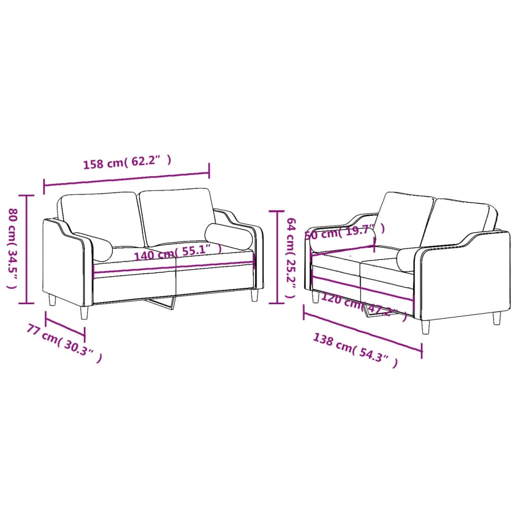 Set de canapele cu perne, 2 piese, gri deschis, material textil