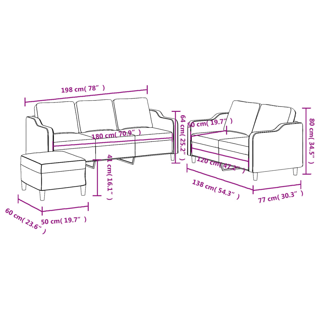 Set de canapele cu perne, 3 piese, gri deschis, textil