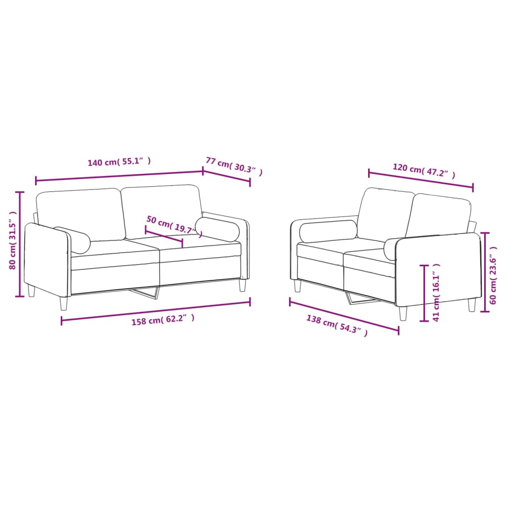 Set de canapele cu perne, 2 piese, crem, catifea