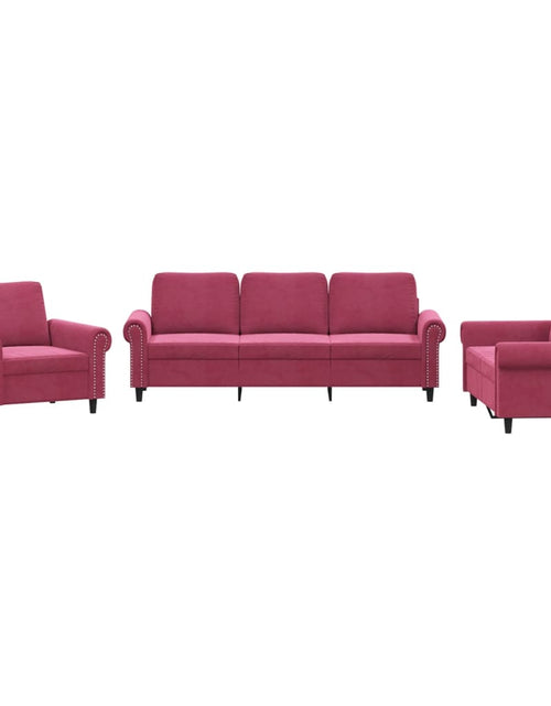 Încărcați imaginea în vizualizatorul Galerie, Set canapea cu perne, 3 piese, roșu vin, catifea
