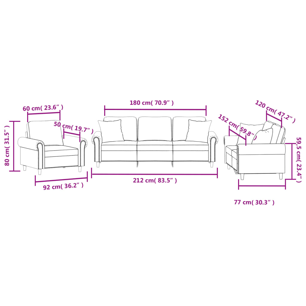 Set canapea cu perne, 3 piese, gri închis, catifea