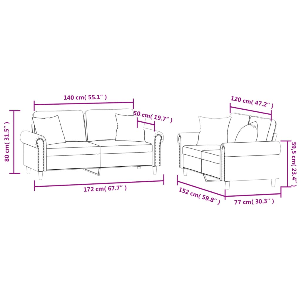 Set canapea cu perne, 2 piese, gri deschis, catifea