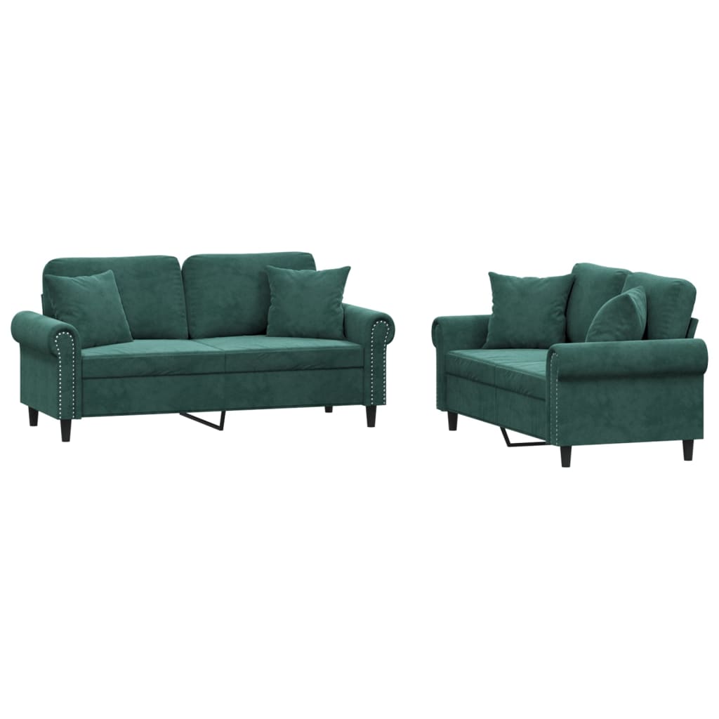 Set canapea cu perne, 2 piese, verde închis, catifea