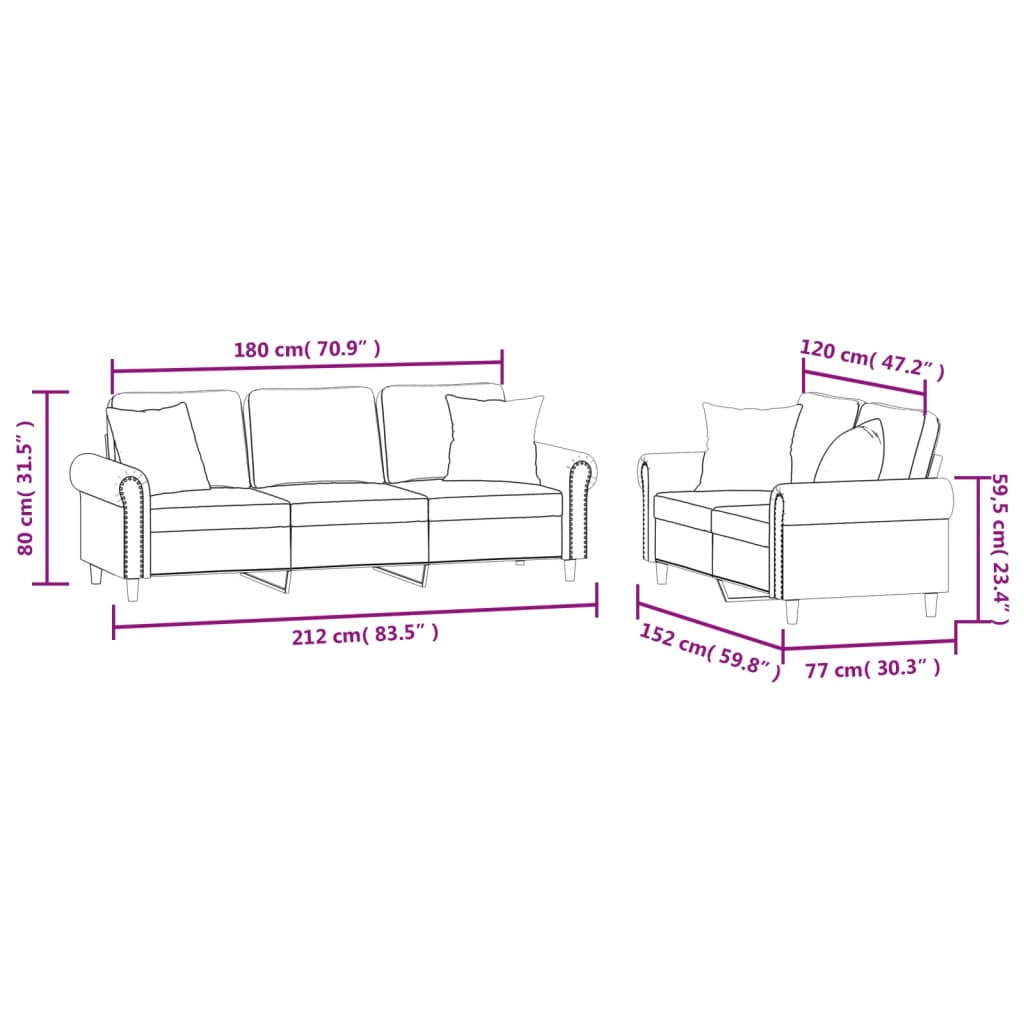 Set canapea 2 piese cu perne, gri deschis, catifea