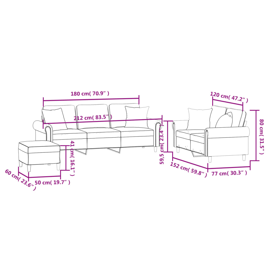 Set canapea cu perne, 3 piese, gri închis, catifea