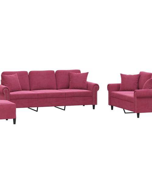 Încărcați imaginea în vizualizatorul Galerie, Set canapele cu perne, 3 piese, roșu vin, catifea
