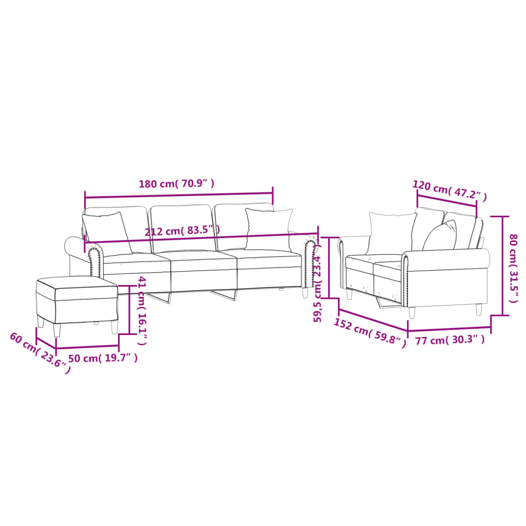 Set de canapele cu perne, 3 piese, negru, catifea