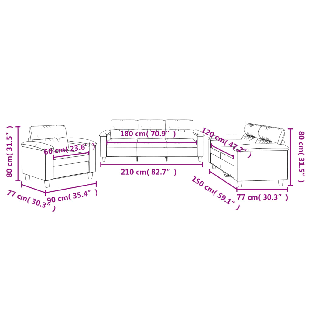 Set de canapele cu perne, 3 piese, crem, microfibră