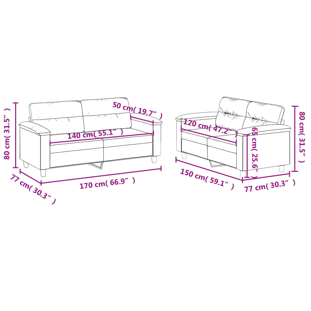 Set de canapele cu perne, 2 piese, gri deschis, microfibră