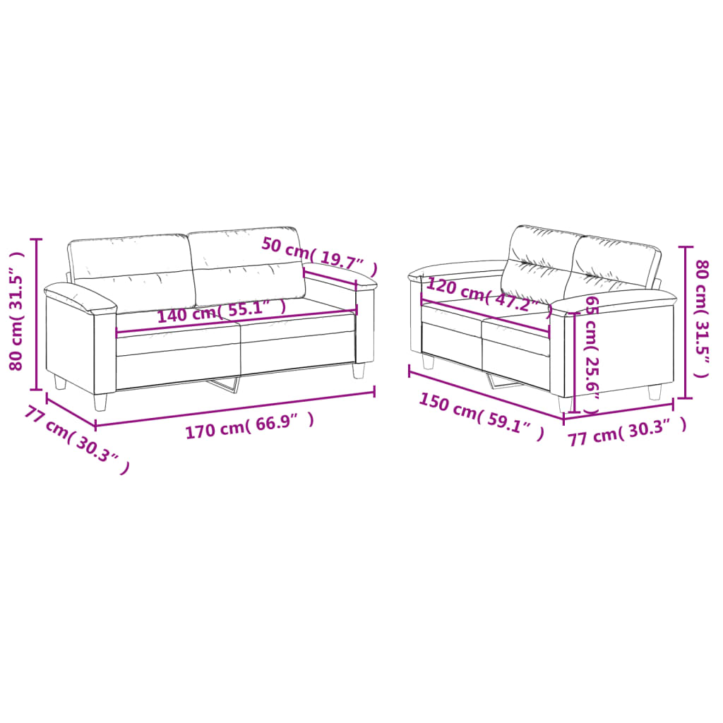 Set de canapele cu perne, 2 piese, gri închis, microfibră