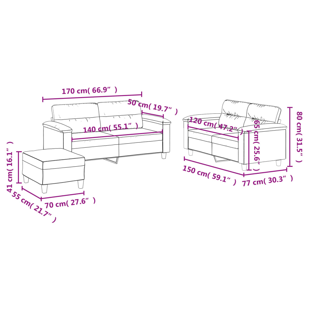 Set de canapele cu perne, 3 piese, crem, microfibră