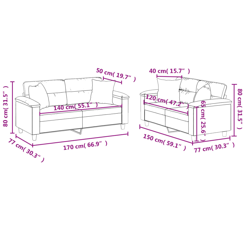 Set de canapele cu perne, 2 piese, gri deschis, microfibră