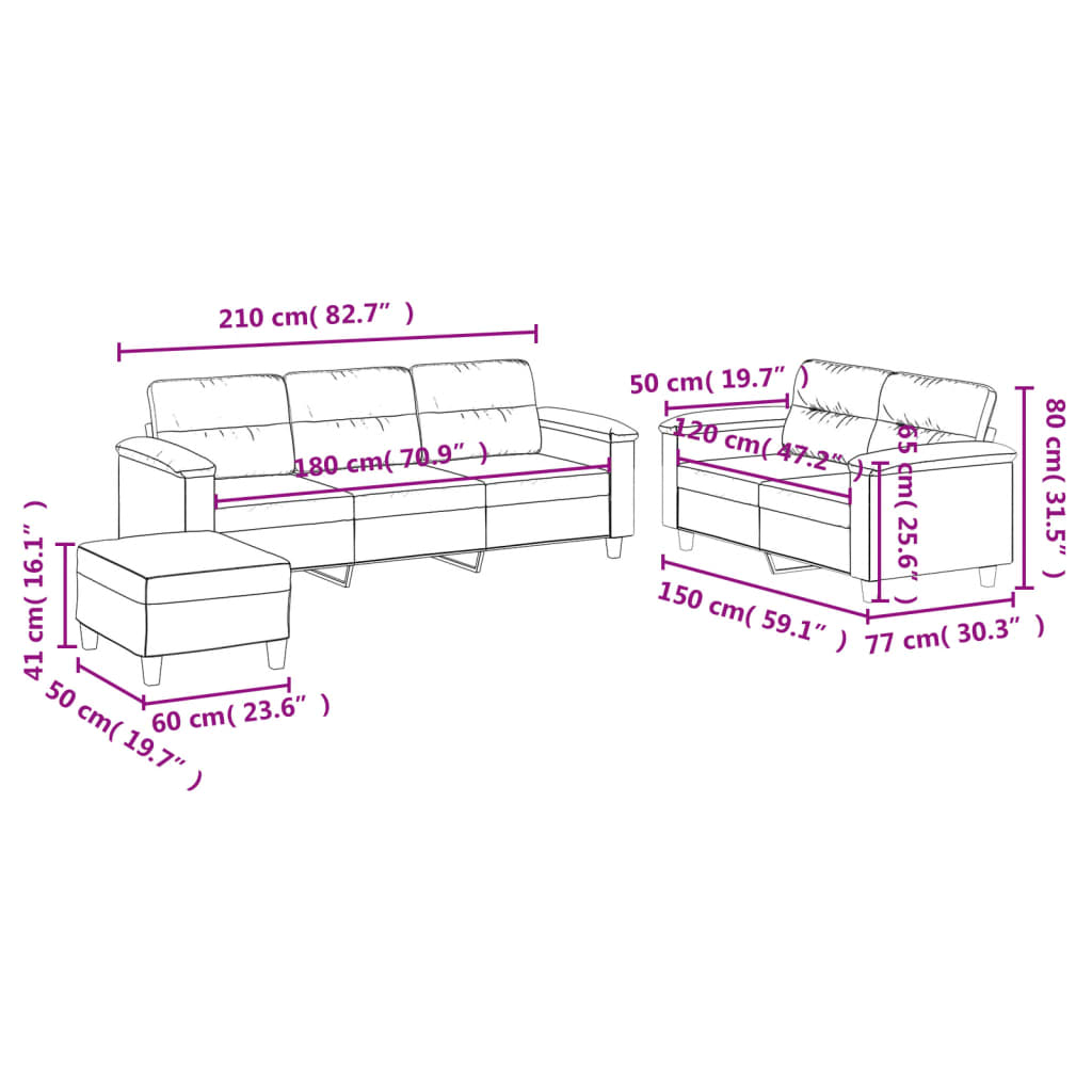 Set de canapele cu perne, 3 piese, crem, microfibră