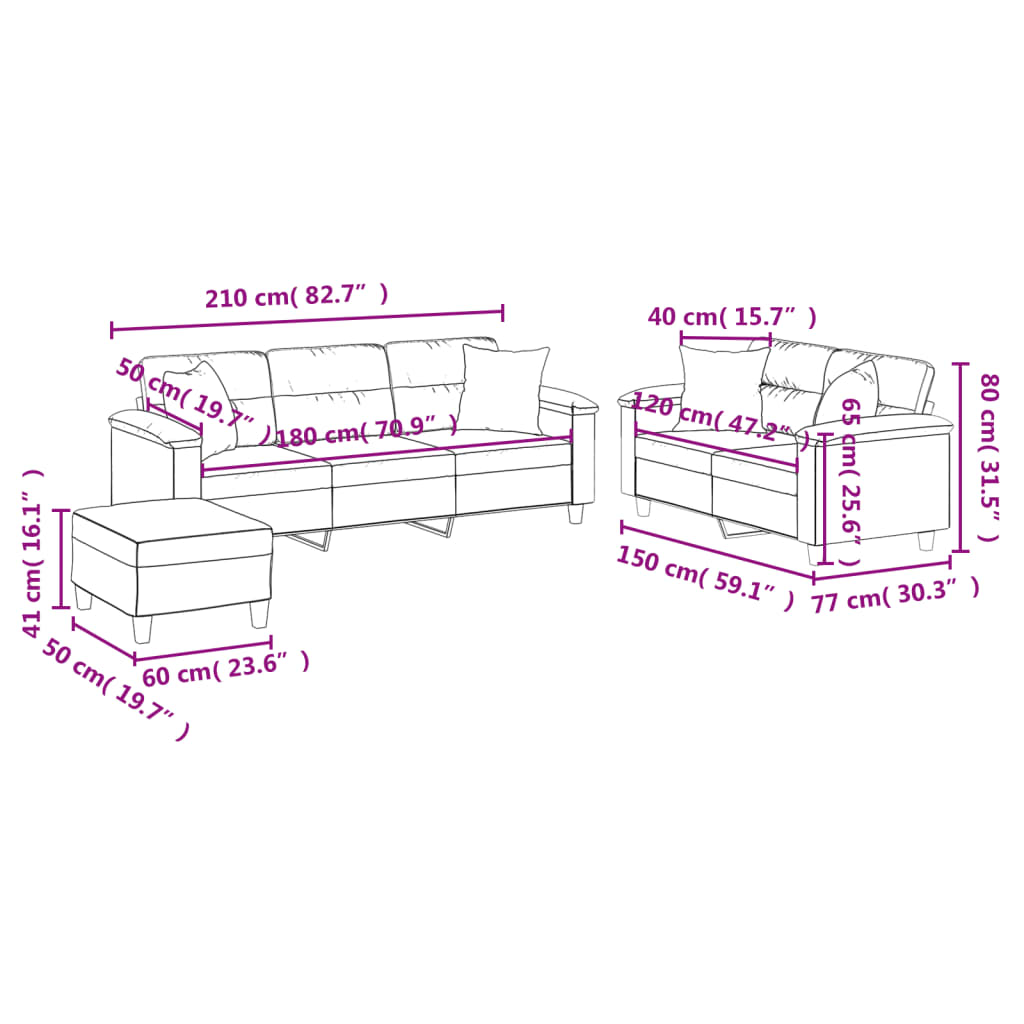 Set de canapele cu perne, 3 piese, gri închis, microfibră