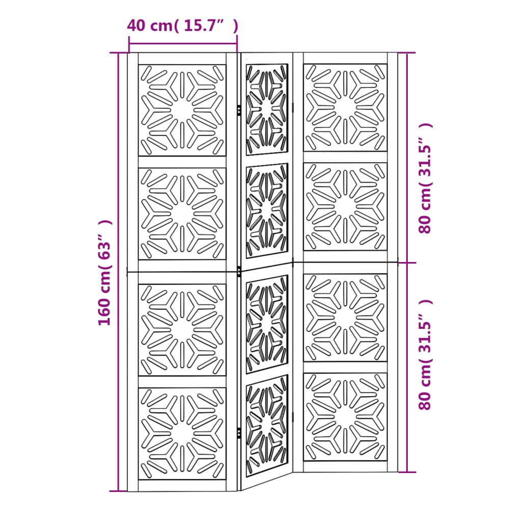 Paravan de cameră, 3 panouri, maro/negru, lemn masiv paulownia