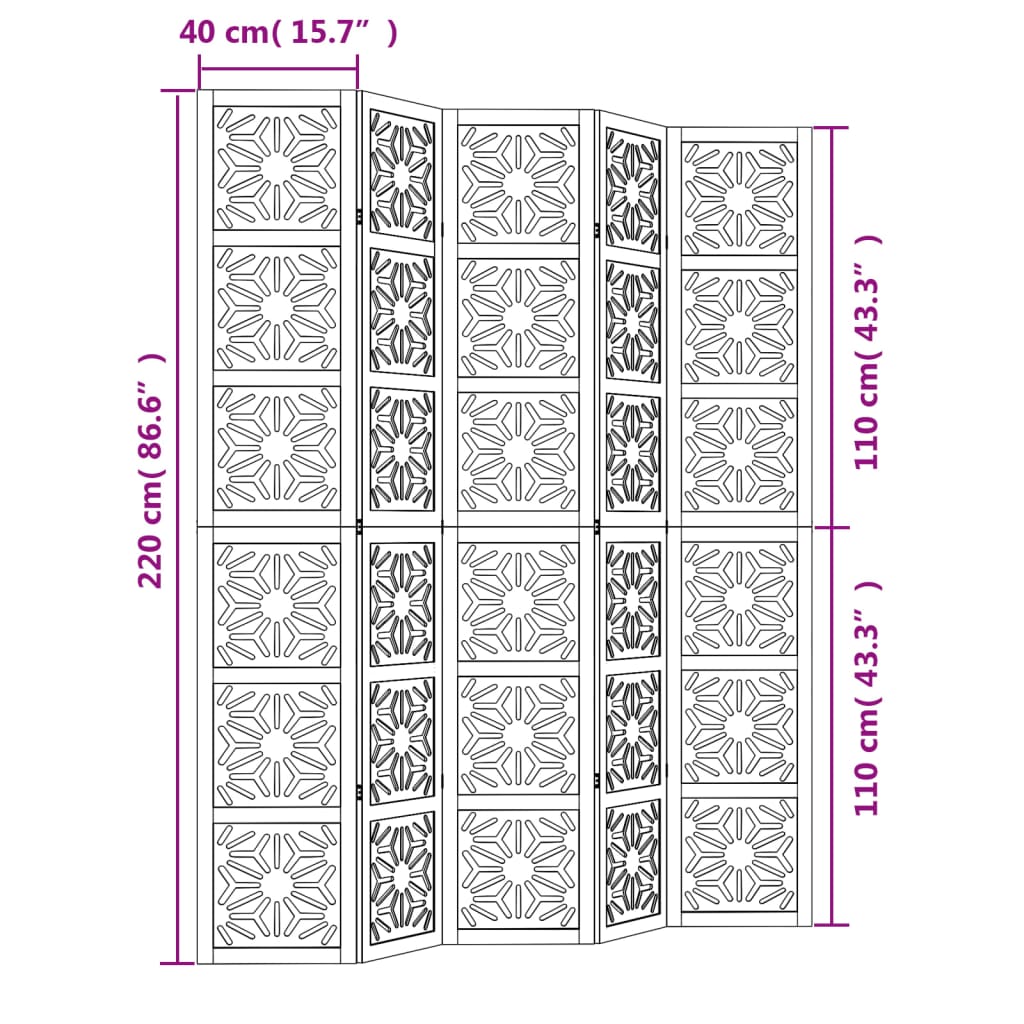 Paravan de cameră, 5 panouri, maro/negru, lemn masiv paulownia