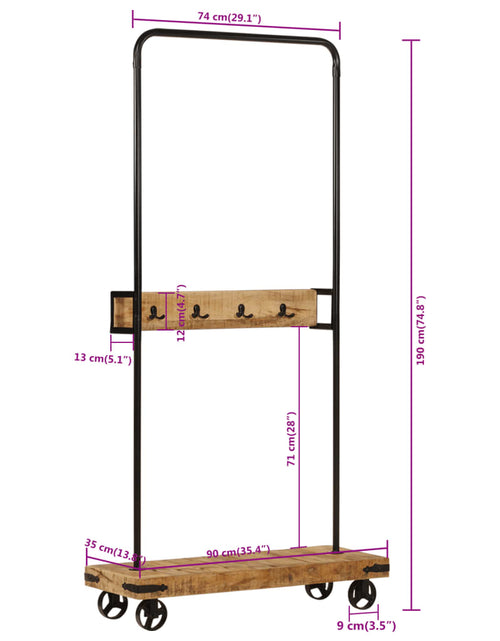 Încărcați imaginea în vizualizatorul Galerie, Suport pentru haine cu roți 90x35x190cm lemn masiv mango &amp; fier
