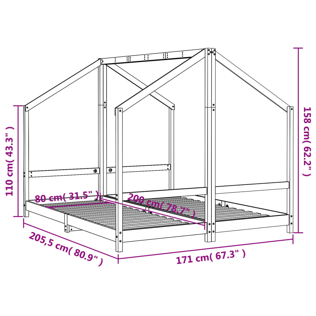 Cadru de pat pentru copii negru 2x(80x200) cm lemn masiv de pin