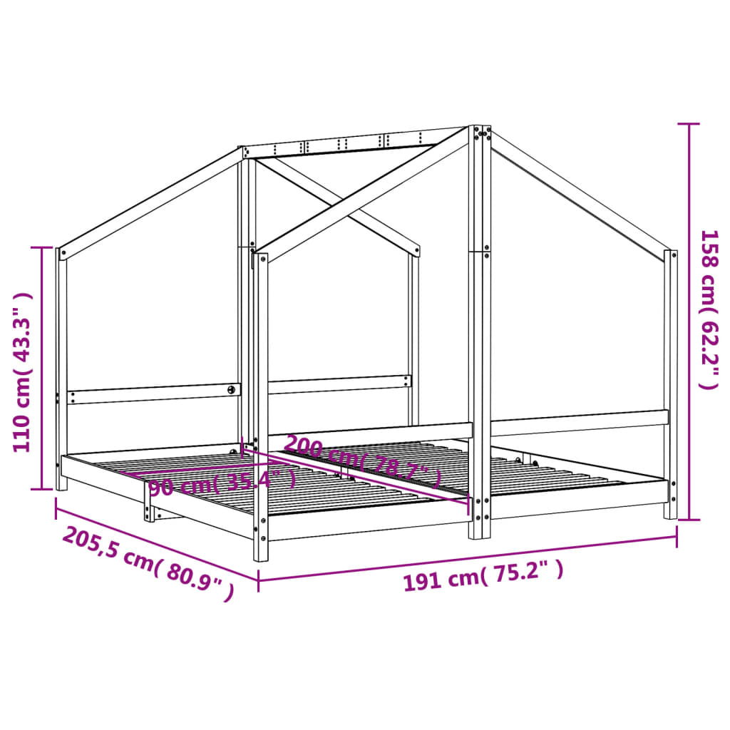 Cadru de pat pentru copii negru 2x(90x200) cm lemn masiv de pin